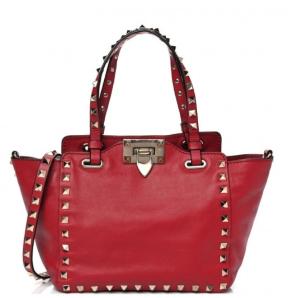 Valentino Garavani Rockstud Calfskin Red Leather Hand/ Crossbody Bag Medium Size